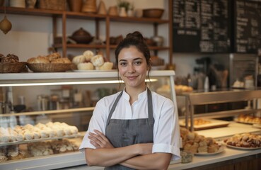 Young woman in bakery shop. Confident female employee stands in front of glass display case with baked goods. Shoulder-length brunette hair, dark makeup, white apron, gray shirt, black hat, black