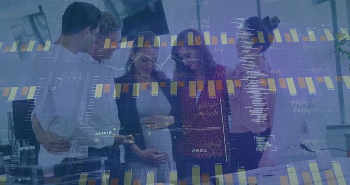 Team gathering around expecting peer and expanding transparent bar chart overlay for data report