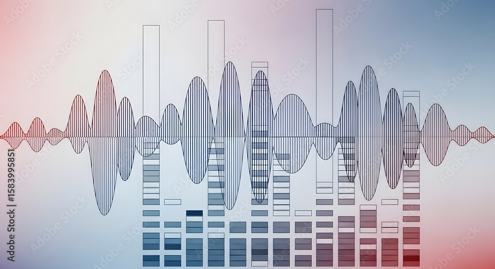 Aufkleber abstract visualization of sound waves in blue and red hues with pixelated effect against a gradient 