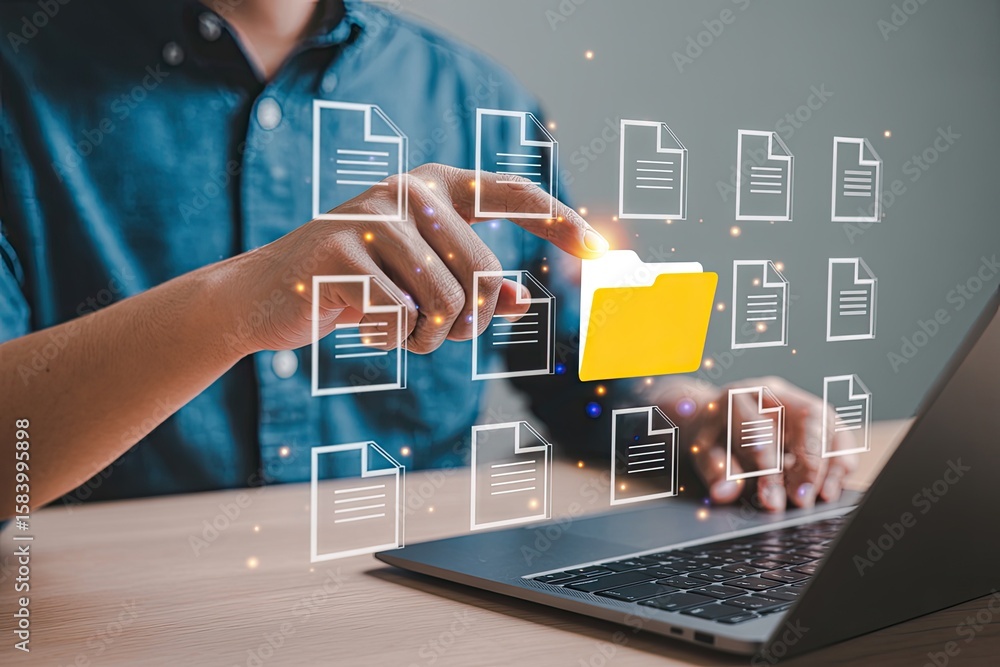 Poster person interacting with a digital interface selecting a yellow folder icon surrounded by document ic