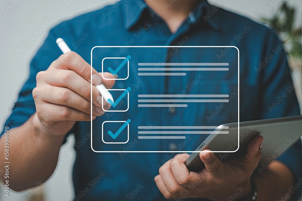 Aufkleber person using a stylus on a tablet to check off items on a digital checklist with blue checkmarks and