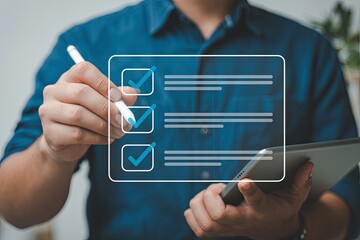 Person using a stylus on a tablet to check off items on a digital checklist with blue checkmarks and text lines