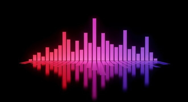Abstract sound wave visualization with a vibrant gradient of red to purple bars against a dark background reflecting below. Digital audio representation.