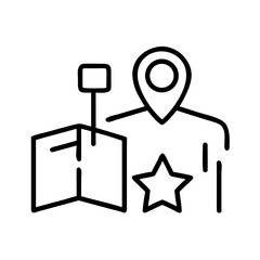 Outline of a person with a map, location pin, and star icon  