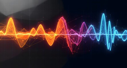 Abstract visualization of sound waves in vibrant orange pink and blue hues against a dark background showcasing digital data and communication.