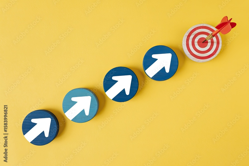 Poster a series of blue circular wooden pieces with white arrows pointing upwards towards a dartboard with 