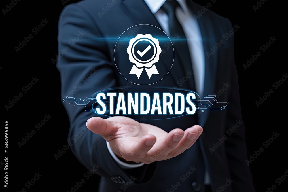 Poster business professional presenting the concept of standards with a quality assurance badge and digital