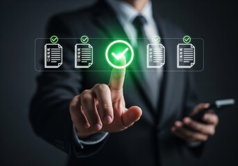Digital checklist and approval workflow showing business document validation and task tracking system for decision making, process optimization, and quality verification with high efficiency