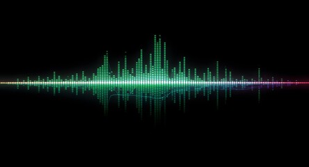 Abstract sound wave visualization in vibrant green hues against a black background reflecting light patterns mirroring the dynamic sonic energy