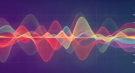Abstract visualization of sound waves in vibrant colors. Dynamic flowing lines on a dark background create a sense of energy and movement. Ideal for representing data or audio.