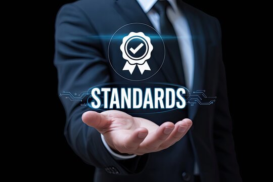 Business professional presenting the concept of standards with a quality assurance badge and digital circuit elements on a dark background