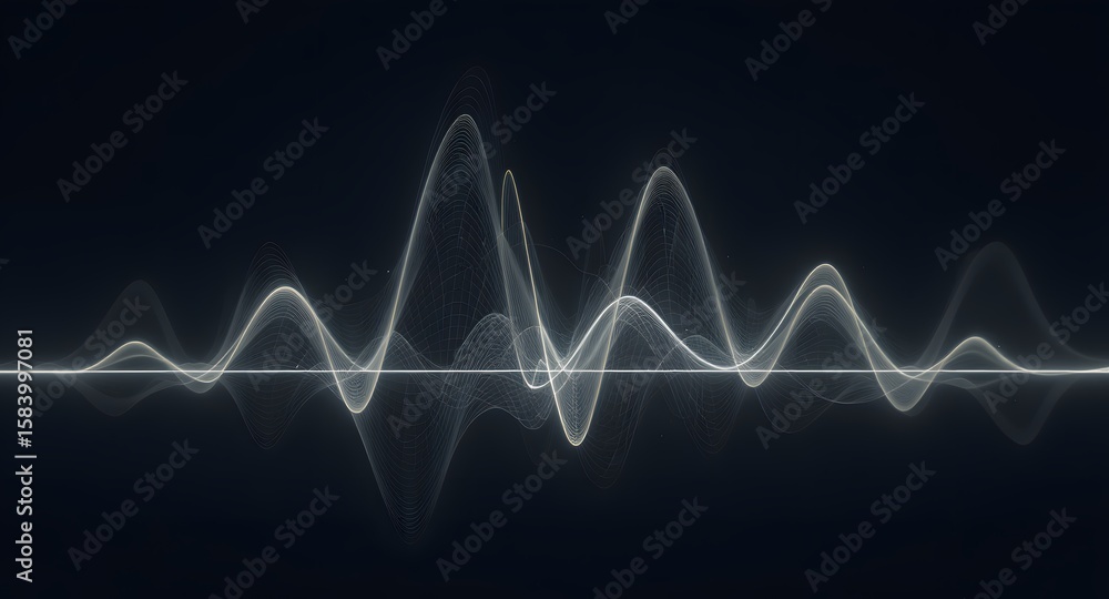 Poster abstract visualization of sound waves represented by particles and illuminated lines against a dark 