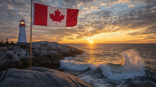 Flag of Canada displayed at coastal lighthouse with crashing waves and spectacular sunset sky backdrop - Powered by Adobe