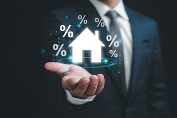 Businessman holding a glowing white house icon surrounded by percentage symbols and digital data streams representing real estate investment and interest rates