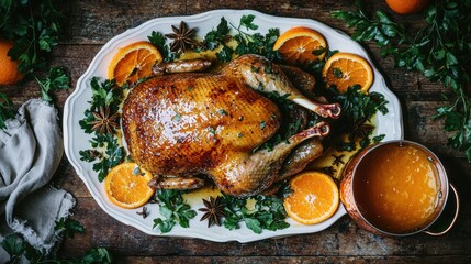 Orange glazed duck perfectly roasted showing rich amber skin, served on elegant white platter with citrus garnish and herbs, sauce bowl beside