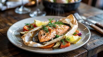 Salmon en papillote with fresh dill and vegetables served on white ceramic plate with parchment paper opened revealing perfectly cooked fish fillet on rustic wooden table in restaurant setting