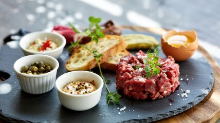 Steak tartare appetizer with fresh raw beef, egg yolk and traditional condiments on dark slate board