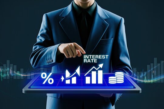 Businessman pointing to a digital interface displaying interest rate growth charts and stacked coins on a tablet
