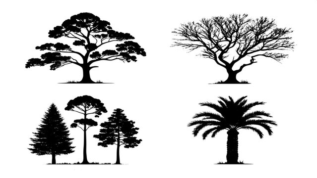 Collection of black silhouette top-down views of trees categorized by type: coniferous, deciduous, palm, and bonsai. Displayed in separate quadrants on a white canvas for comparison. Style is clean, s