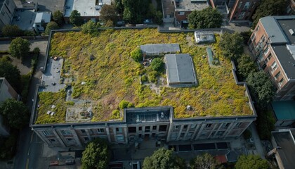 Aerial view of modern two-story building with green roof, flat top. Small garden on second-floor balcony amidst noisy cityscape. Earth tones dominate in street scene with multiple buildings
