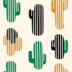 Fototapeta premium modern abstract cactus silhouettes with vertical black lines, beige and green color scheme, hand-drawn seamless pattern