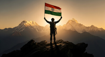 Indian Soldier Holding Flag on Mountain Peak at Sunset