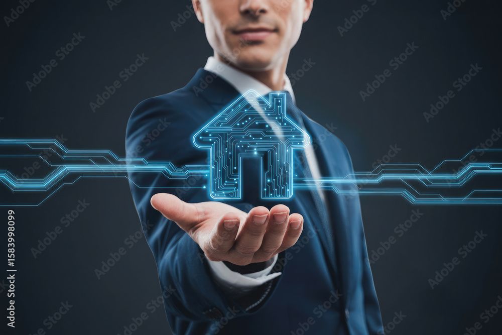 Poster businessman presenting a glowing digital house icon with circuit board patterns and futuristic glowi