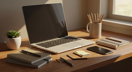 Fototapeta premium Minimalist Workspace with Laptop, Notebooks, and Natural Light