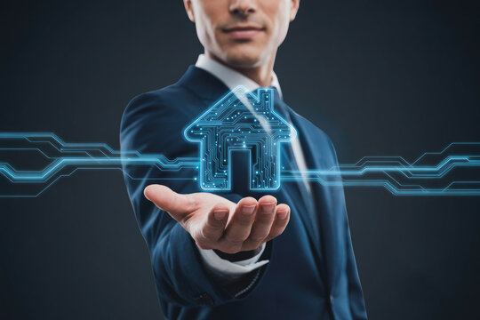 Businessman presenting a glowing digital house icon with circuit board patterns and futuristic glowing lines on a dark background - Powered by Adobe