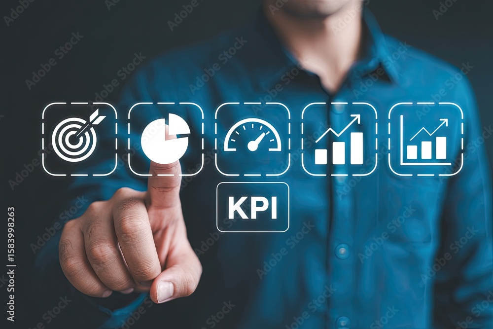 Poster businessman s finger touching a digital interface displaying key performance indicators and business