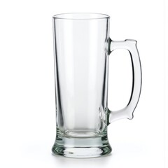 Clear glass beer mug rests on white background. Empty mug is ready to be filled. Central placement with handle at top right corner adds balance to composition.
