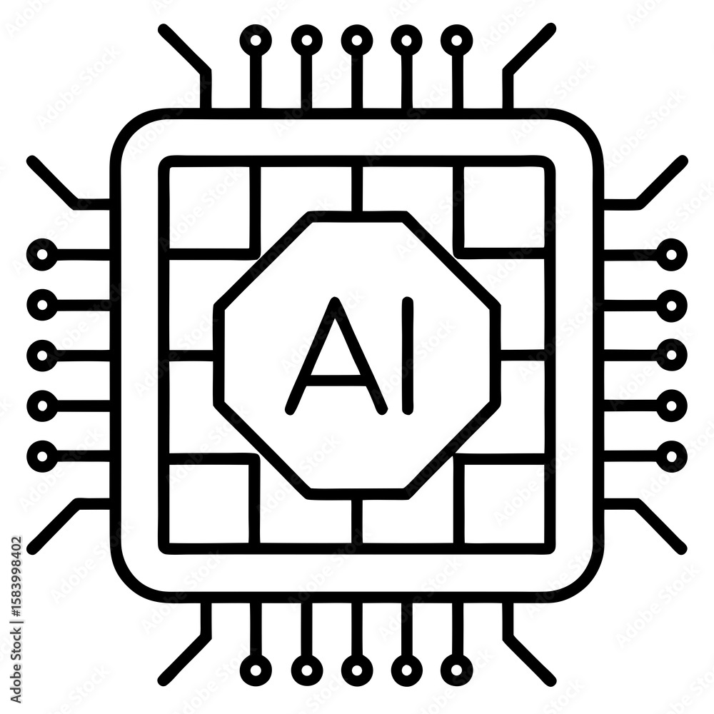 Poster stylized outline icon of a central processing unit with the letters ai