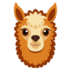 Cute cartoon llama face with big eyes and fluffy brown fur