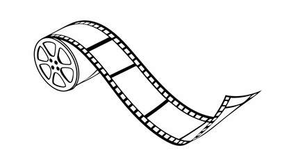 Black and white film reel with a strip of movie film unspooling