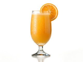 A glass of orange juice with an orange slice on the rim against a white background in a studio shot