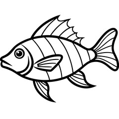 Stylized black and white outline drawing of a single fish swimming