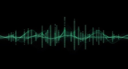 Abstract visualization of sound waves in teal against a black background depicting data and digital information flow.