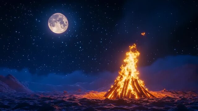 Bonfire under a night sky with a full moon