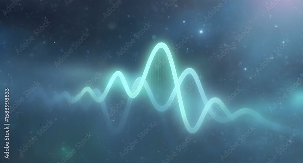 Poster abstract digital illustration featuring a glowing teal waveform floating in a nebula-like background