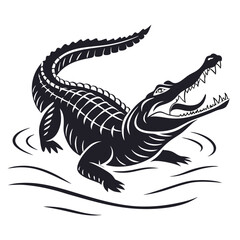 Stylized silhouette of an aggressive alligator emerging from water with open jaws