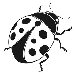 Black and white graphic illustration of a ladybug with spots on a white background