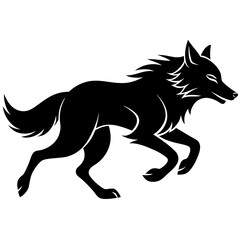 Stylized black silhouette of a running wolf with a flowing mane and tail