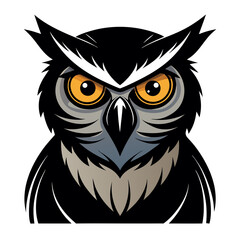 Intense great horned owl face with bright orange eyes and black feathers