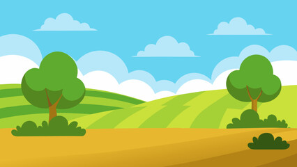 Cartoon landscape with rolling green hills and trees under a blue sky