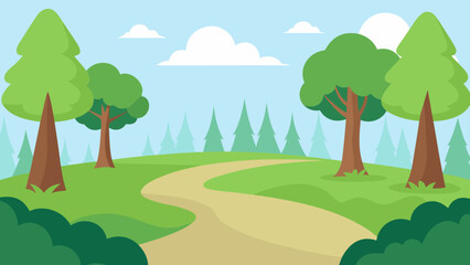 A winding dirt path leads through a green landscape with trees and clouds