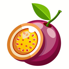 Vibrant purple passion fruit sliced in half revealing yellow pulp and seeds