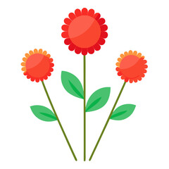 Three stylized red and orange flowers with green leaves on white background