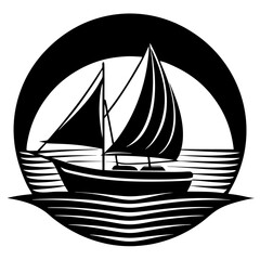 Black and white silhouette of a classic sailboat on wavy water under a circular frame