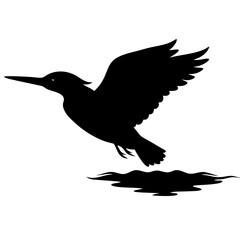 Black silhouette of a kingfisher bird diving into water with wings spread