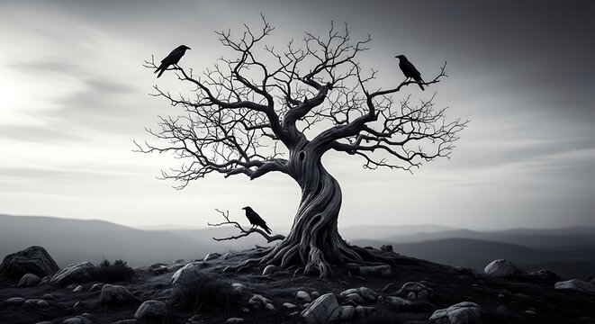 Ancient gnarled tree with three ravens perched on its barren branches against a dramatic sky